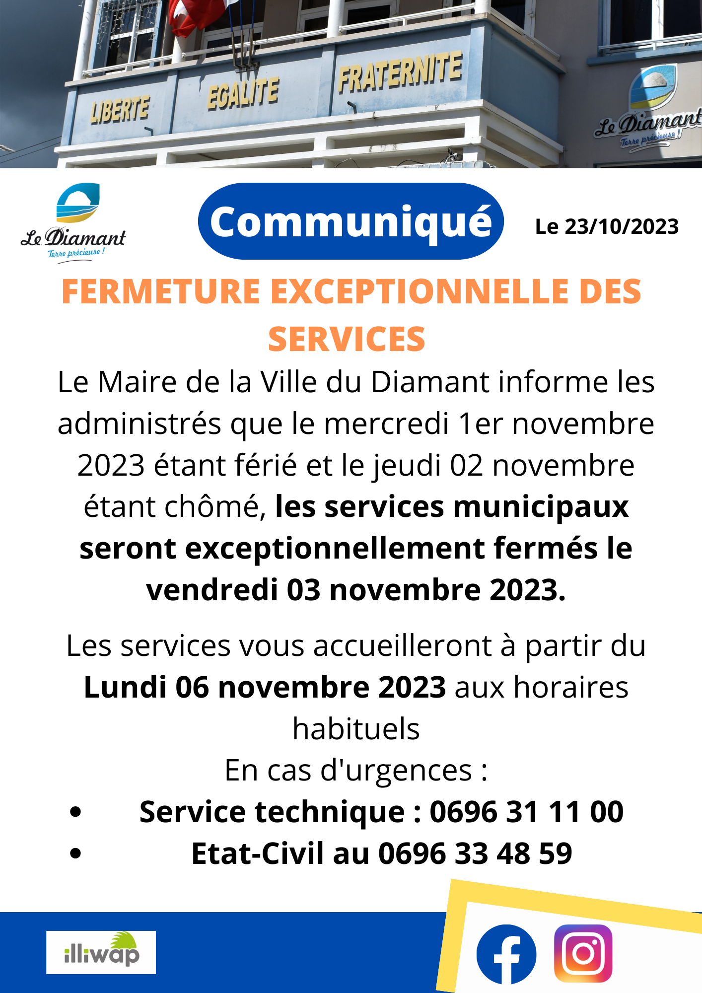 Communiqué Fermeture exceptionnelle des services Ville du Diamant